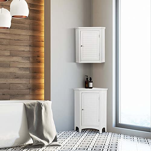 VERSANORA Teamson Home Wooden Bathroom Wall Cabinet, Corner Bathroom Cabinet, Removable Wall Cabinet, One Door and Interior Shelf, White, Glancy