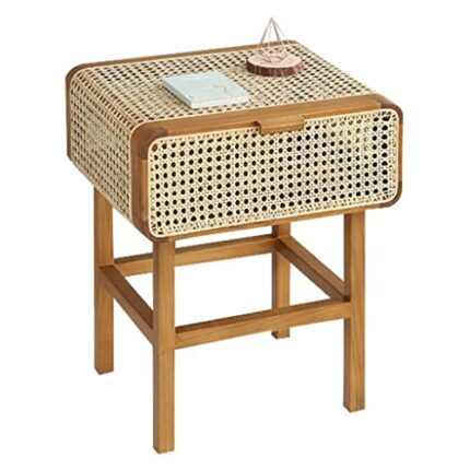 JJZXD Wood Rattan Bedside Table Nightstand Storage Cabinet Coffee Table Drawers End For Apartment Bedroom Furniture (Color : Walnut color)