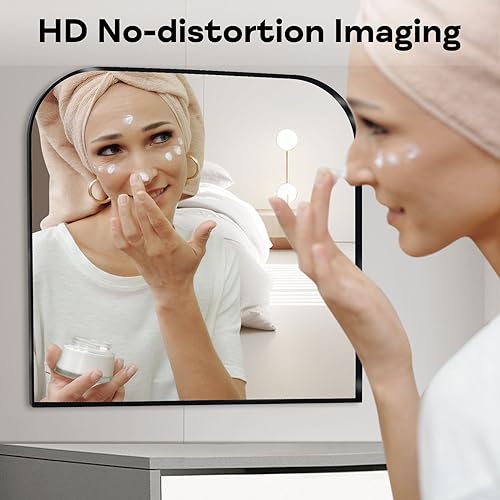 Minuover Modern Large Wall Mirror, Modern Minimalist Home Decor Arch Mantle Mirror, Brushed Black Metal Framed Arched Mirror for Bathroom, Living