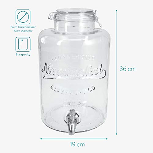 Navaris Drinks Dispenser with Tap - 8L Glass Drink Jar with Stainless Steel Tap and Clip Top Lid - for Cold Beverages, Ice Water, Garden Party