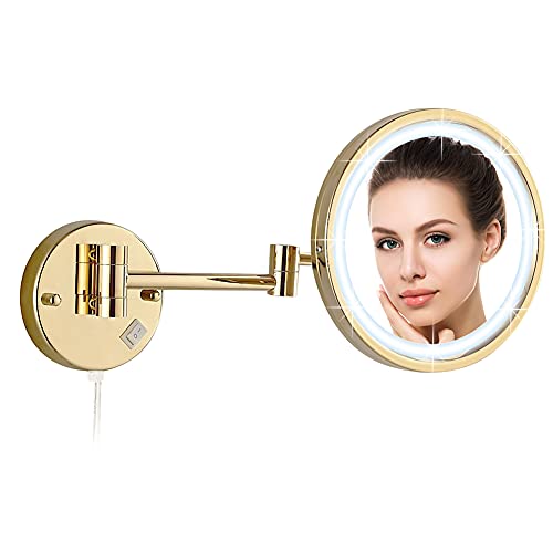 DOWRY Wall Magnifying Mirror with Lights 10x Gold Makeup Mirror 3 Switchable Light Colors Extendable LED Shaving Mirror Flexible Swivel Arm,Diame