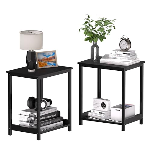 POXAKA End Table Set of 2, Bamboo Side Table, Black Night Stand Bedside Table, Modern Nightstand for Bedroom, Living Room, Study, Office (MC-540)