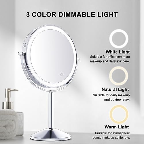 Mokoze Lighted Makeup Mirror, Rechargeable Stand Up Mirror, 8" Double Sided 1X/10X Magnification with 3 Color Lights 360 ° Rotating Touch Control