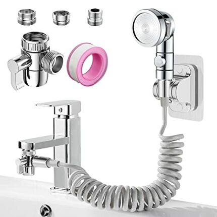 Roscid Sink Faucet Sprayer Attachment Set, Kitchen Bathroom Pet Bathing Shower Head with 9.8ft Hose and G1/2 / M22 / M24 Faucet Adapters, Hair Wa