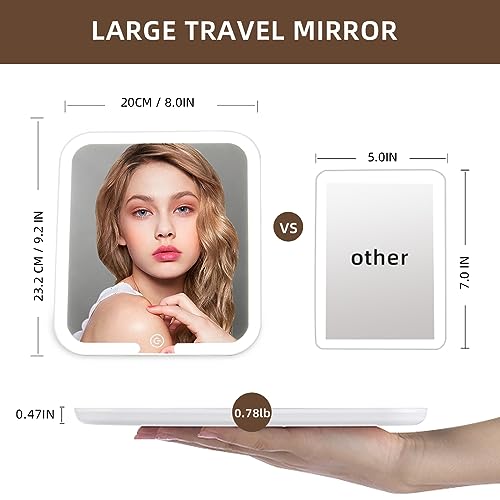 Large Travel Makeup Mirror with Lights, Lighted Makeup Mirror with 360° Angle, Dimmable 3 Color Modes Rechargeable 2000mAh Battery Portable Ultra