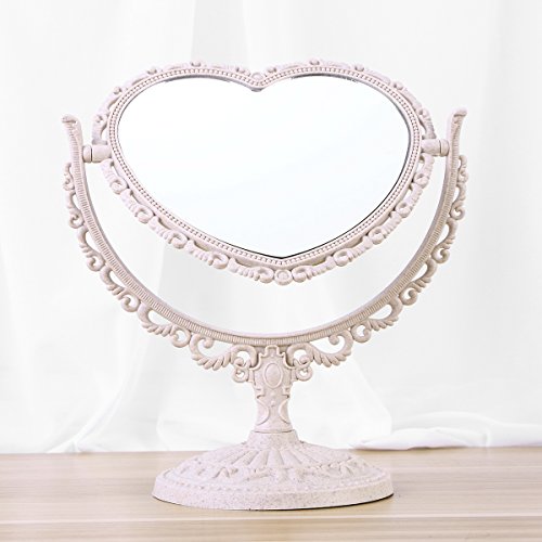 FRCOLOR Vanity Mirror 2x Magnification Heart Shape Two Sided Swivel Tabletop Makeup Mirror Beige