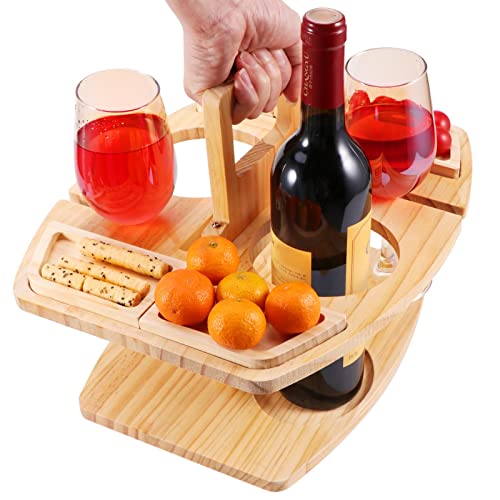 Fiacvrs Portable Wine Picnic Table, 2 in 1 Folding Wooden Outdoor Picnic Snack Table Tray, Picnic Camping Table Beach Table for Backyard Entertai