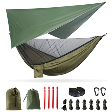 3in1 Outdoor Double Camping Hammock, Ripstop Nylon Travel Hammock with Mosquito Net and Rainfly Tarp, Tree Straps 200kg Load Capacity Large Hammo