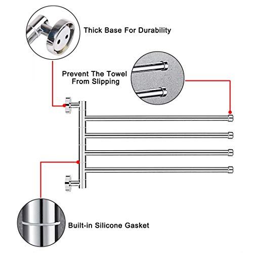 PHOEWON Swivel Towel Rail Chrome Stainless Steel Bath Rack Wall Mounted Towel Rack Holder with 4 Swivel Bars, Swing Towel Holder for Kitchen, Bat