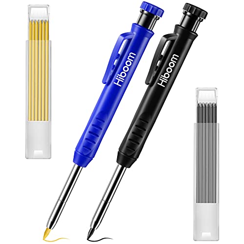 Hiboom 2 Pack Solid Carpenter Pencil with 14 Refill, Long Nosed Deep Hole Mechanical Pencil Marker with Built-in Sharpener for Carpenter Woodwork