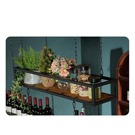 EYLINK Ceiling Rack Hanging Wine Rack Height Adjustable Decorative Rack Retro Iron and Solid Wood Ceiling Rack Single Layer, Suitable for Home an
