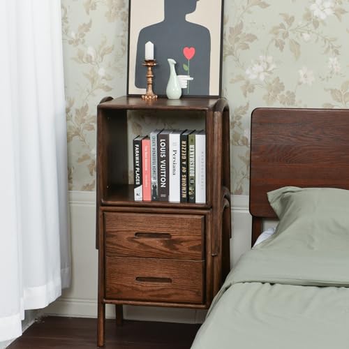 OOKSEN Nightstand, Mid Century Modern Nightstand, Solid Wood Bedside Table with 2 Drawer, Small Night Stand for Bedroom Living Room, Walnut