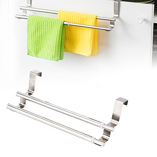 Over the Door Towel Rail,Double Layers Stainless Steel Telescopic Towel Holder for Cupboard Drawer Cabinet Rack Hanger Organizer Bathroom Kitchen