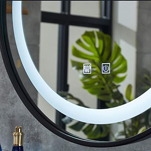 round Bathroom Mirror with Illuminated Led White Light Iron Frame with Sling and Demister Pad Touch Sensor Makeup 2 Colors,Size: Φ60/70Cm, Brownc