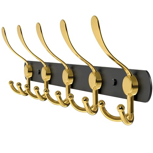SAYONEYES Gold Coat Rack Wall Mount with 5 Tri Hooks for Hanging – 16 Inch Heavy Duty Stainless Steel Rustic Coat Rack Wall Mount – Hat Rack, Han