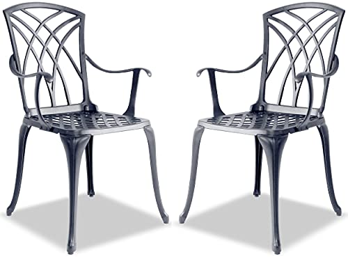 Homeology Oshowa 2-Large Garden & Patio Bistro Chairs with Armrests in Cast Aluminium Grey