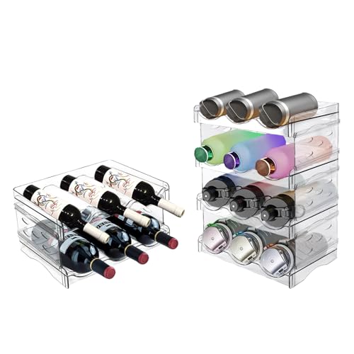 NUKied Stackable Water Bottle Organiser Rack 4 Pack Plastic Water Bottle Holder Wine Racks Storage Shelf Holds 12 Bottles for Fridge Kitchen Cabi