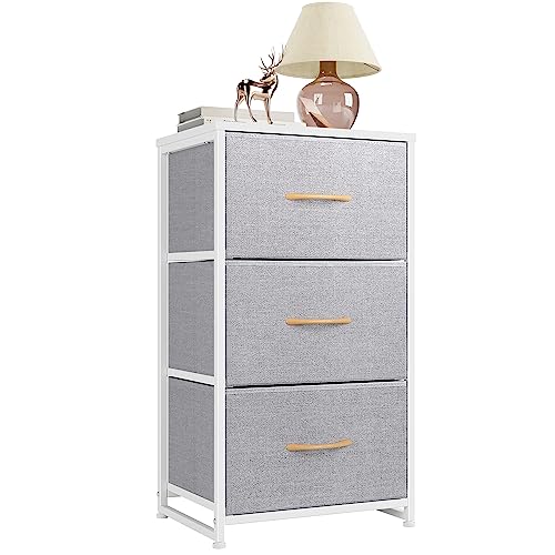 Nicehill nightstand, Wooden top Board, Fabric, Steel Frame, Black Wood Grain, 3-Drawer