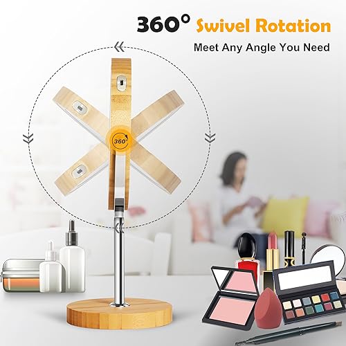 SLIMOON 8" Lighted Makeup Mirror with Bamboo Stand, 1X/10X Double Sided Magnifying Mirror with Light, 3 Colors Brightness Adjustable, 360° Cordle