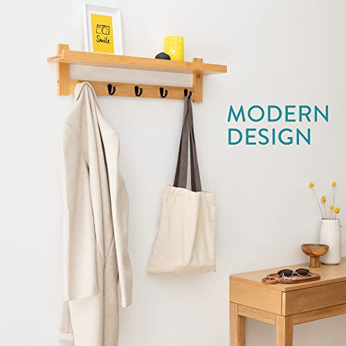 Navaris Coat Rack with Shelf - 74cm Wall Mounted Bamboo Shelf with 5 Hooks - Hanging Hook Storage for Hallway, Bedroom, Bathroom - Natural Finish