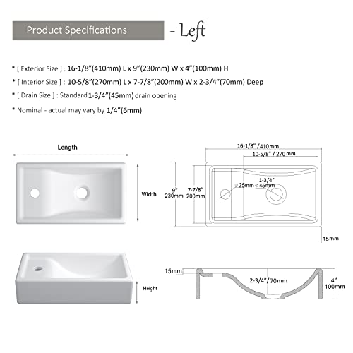 MEJE 41x23 cm Wall Hung Basin Sink Combo, Small Cloakroom Basin, Rectangle Ceramic Bathroom Wash Basin - Left Hand Sink Set (Include Faucet & Pop