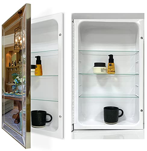 FOMAYKO Metro Beaded Retro Medicine Cabinet, Recess Mount 3 Adjustable Glass Shelves,Silver Frame, Installation Freedom with Door Swinging Left o
