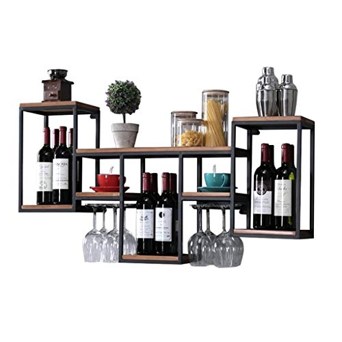 EYLINK Industrial Wall Mounted Wine Racks with 8 Goblet Glass Holder, Metal Hanging Wine Bottle Holder, Vintage Wall Metal and Wood Shelf Floatin