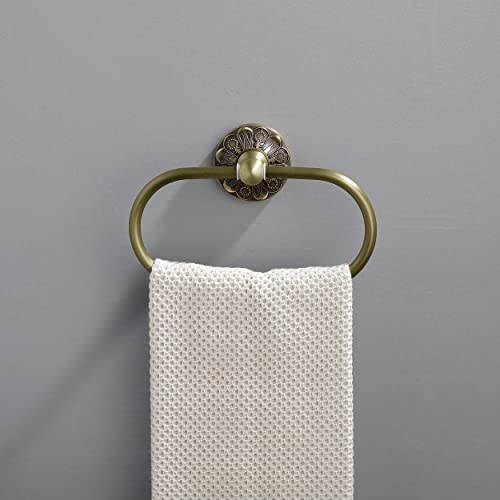 Lucyound Antique Gold Oval Towel Ring, Hand Towel Holder Wall Mounted, Vintage Decor Bathroom Accessories, Brass Petal-Relief Series