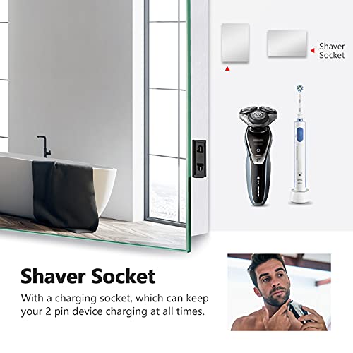 EMKE 700 x 500mm LED Illuminated Bathroom Mirror with Shaver Socket | Sensor Switch | Demister Pad, Wall-Mounted Vanity Multifunction Mirror, Ene