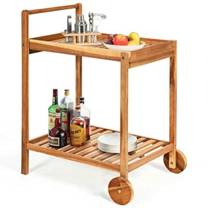 ZCMEB 2-Tier Rolling Kitchen Trolley Cart Dining Serving Cart Outdoor W/Wheels With Solid Wood Countertop And Spice Rack