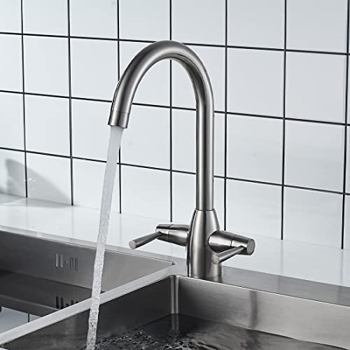 NewEast Kitchen Taps,Modern Double Handle Kitchen Mixer Sink Tap Swivel Spout Brushed Nickel