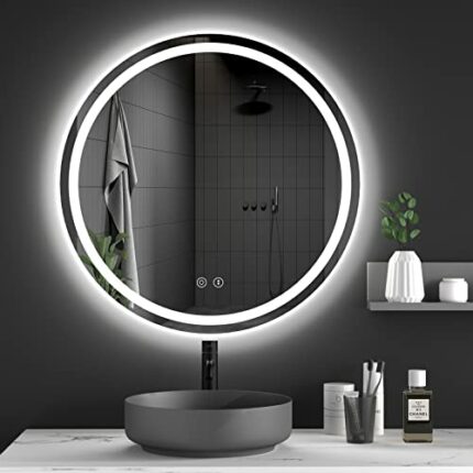 Dripex 600mm Round Bathroom Mirror with LED Light, Illuminated Wall Mounted Vanity Mirror with Demister, Anti-fog Large Circle Makeup Mirror, 3-C