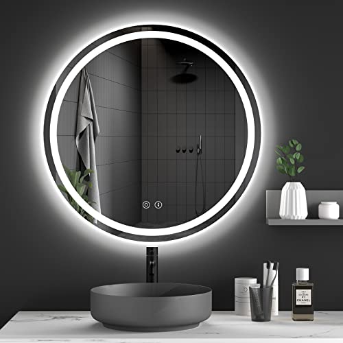 Dripex 600mm Round Bathroom Mirror with LED Light, Illuminated Wall Mounted Vanity Mirror with Demister, Anti-fog Large Circle Makeup Mirror, 3-C