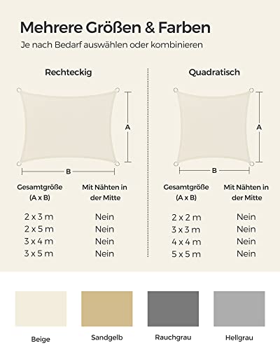 SONGMICS Sun Sail 2 x 2 m HDPE Fabric Sun Shade Sail Breathable Water Permeable for Patio Garden Balcony Camping Square Concave 2 m Ropes Beige G