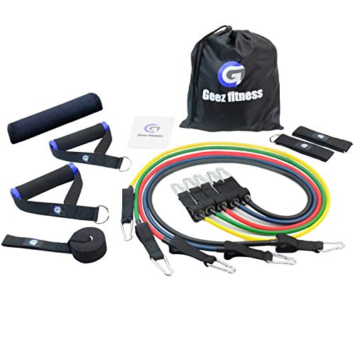 Geez Fitness Resistance Bands Full Set for Women and Men, Mobility, Strength Training Body & Injury Rehab, Door Anchor, Bands for Chest, Thighs,