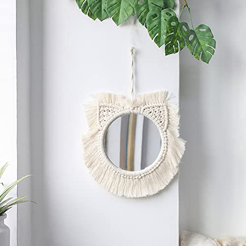 Tiardey Hanging Wall Mirror with Boho Fringe Round Decorative Mirror for Apartment Living Room Bedroom Home Decor-Cat Style