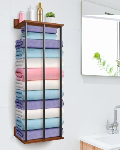 WeGXY Towel Racks for Bathroom Wall Mounted, Wall Towel Rack for Rolled Towels,Metal Towel Holder with Wooden Shelf,Towel Storage Organizer for S
