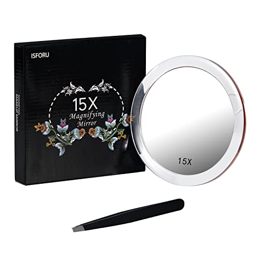 ISFORU 15x Magnifying Mirror with 3 Suction Cups - Use for Makeup Application, Tweezing, Blackhead/Blemish Removal - Travel Magnification Mirror