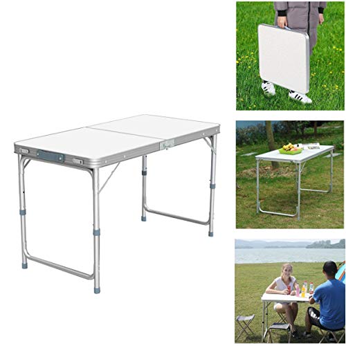 Folding Camping Table with Adjustable Height, 4ft x 2ft Aluminium Foldable Portable Picnic Table for Outdoor Indoor Kitchen Garden Party Compact