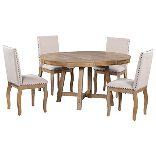 FEER 5 Piece Farmhouse Dining Table Wooden Round Extendable Dining Table And 4 Upholstered Chairs