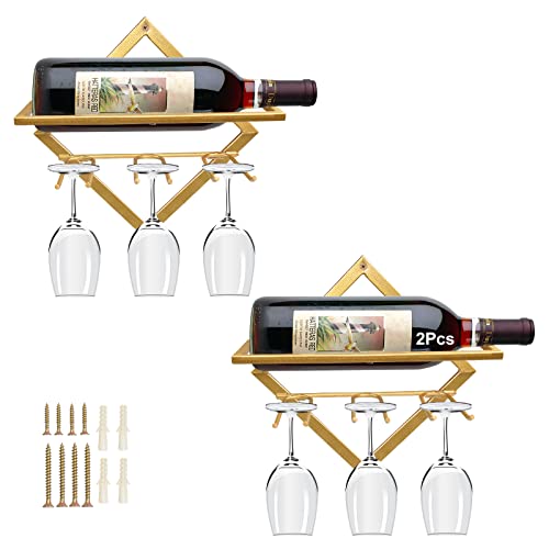 Metal Wall Mounted Wine Holder, Upgrade Foldable Hanging Wall Wine Rack Organizer for 2 Liquor Bottles, Red Wine Bottle Display Hanger with Screw
