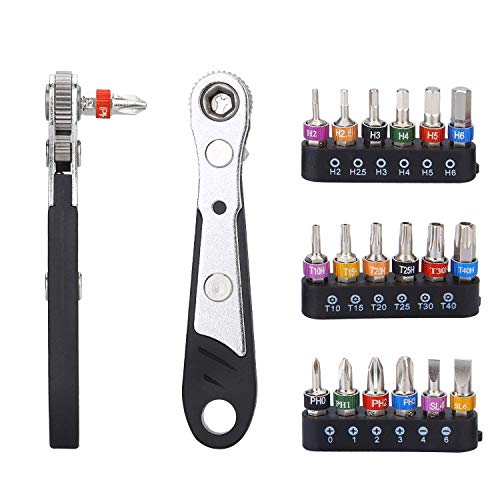 DerBlue 19pcs S2 Micro Ratchet Wrench Screwdriver Bit Set with Phillips,Slotted,Hexagon and Torx 1/4" Drive Size,Reversible Drive Handle and Mult