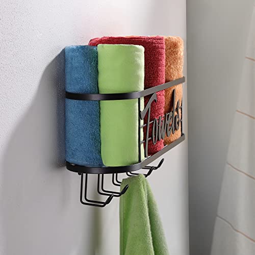 KEGII Towel Storage Rack Wall Mounted with 5 Hooks, Rolled Bath Hand Towel Holder, Black Bathroom Decor, Stainless Steel Shelf Organiser