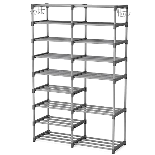 Tribesigns Shoe Rack Organizer, 32-40 Pairs Storage Shelf, 9 Tiers Stand, for Closet, Boot Organizer with 2 Hooks, Stackable Tower