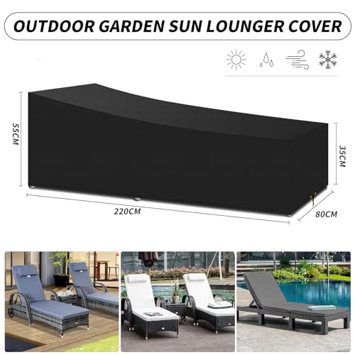 PATIO PLUS Sun Lounger Covers Waterproof, 420D Oxford Fabric Lounger Chair Cover Outdoor Garden Sunbed Cover Windproof Anti-UV Heavy Duty 220x80x