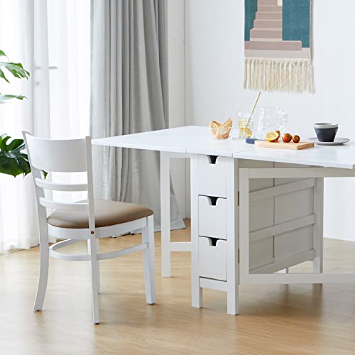 Livinia Wings Gate-Leg Wooden Dining Table, Solid Hardwood Expandable Drop Leaf Space Saving Kitchen Table with Drawers Fully Assembled(White)