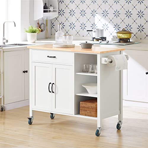DINGZZ Design Kitchen Trolley with Worktop Kitchen Island Kitchen Cabinet Trolley Sideboard on Wheels White Natural