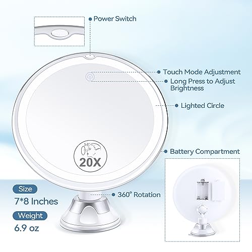 MIYADIVA 20X Magnifying Mirror with Light, Lighted Magnifying Mirror with Suction Cup and Tweezers, 3 Color Magnifying Makeup Mirror, 360 Rotatio