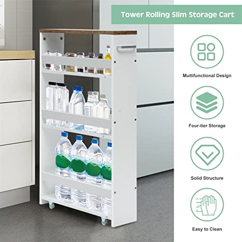 DINGZZ 4-layer Rolling -thin Practical Storage Cart Tower Kitchen Storage Box Handle White Storage Cart