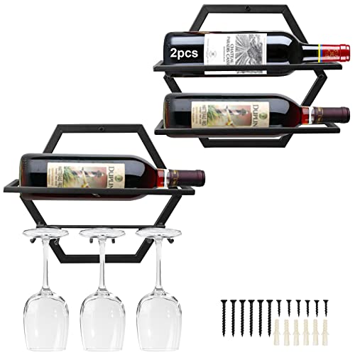 Giyiprpi 2Pcs Wall Mounted Wine Bottle Stemware Rack, Metal Hanging Wine Display Holder with 3 Stemware Glass Organizer, Red Wine Racks for Home